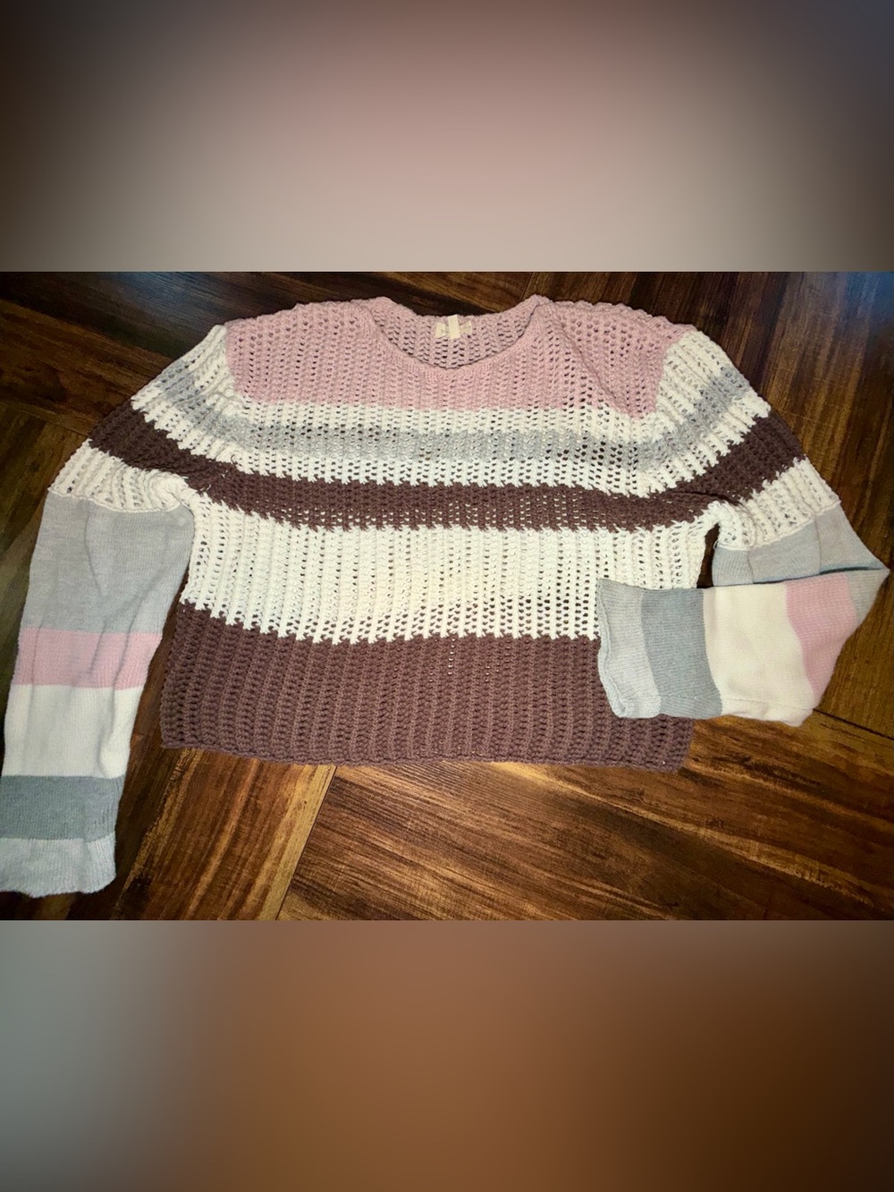 Cropped Striped Open Knit Crewneck Sweater in Pink, White & Brown (Large)